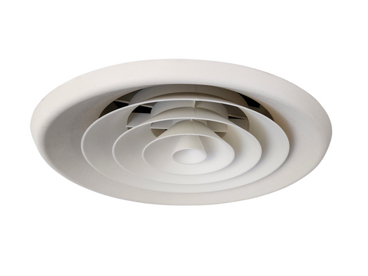 Ceiling-mounted white exhaust vent on a white background